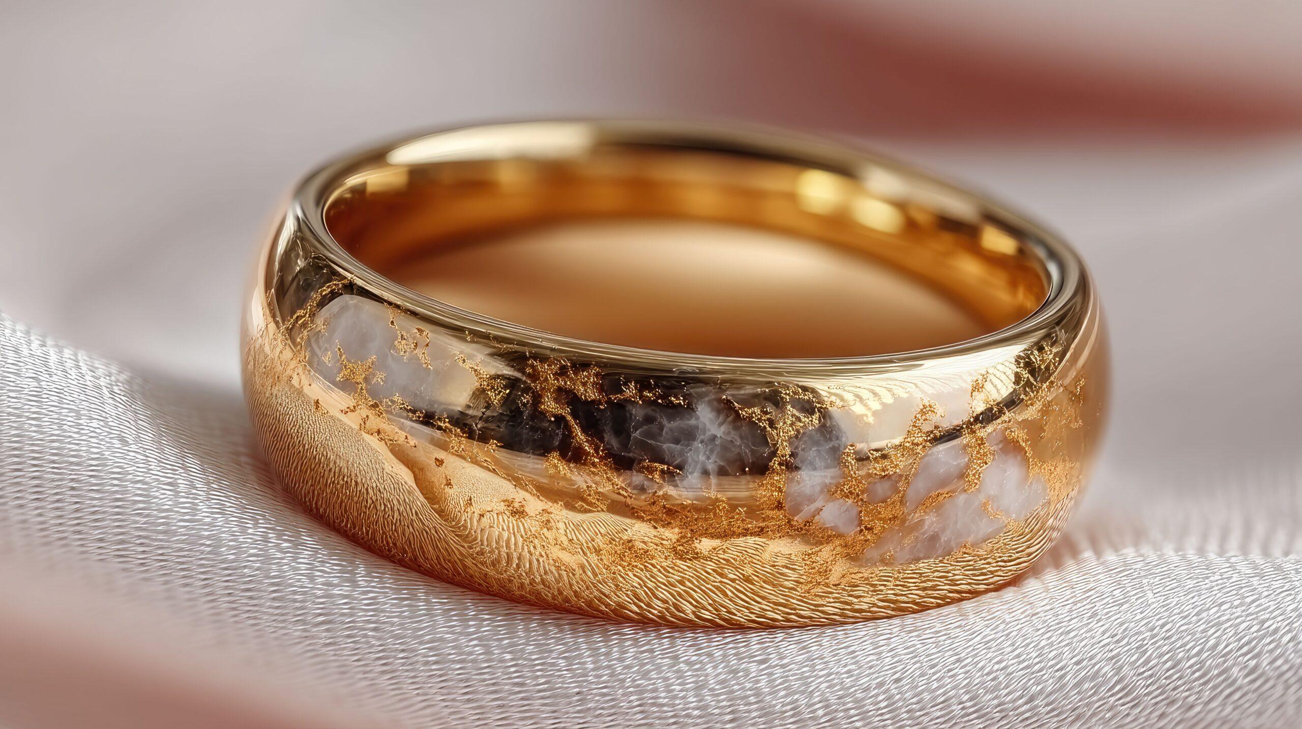 Trauring in Gold mit marmorierter Struktur auf Seide