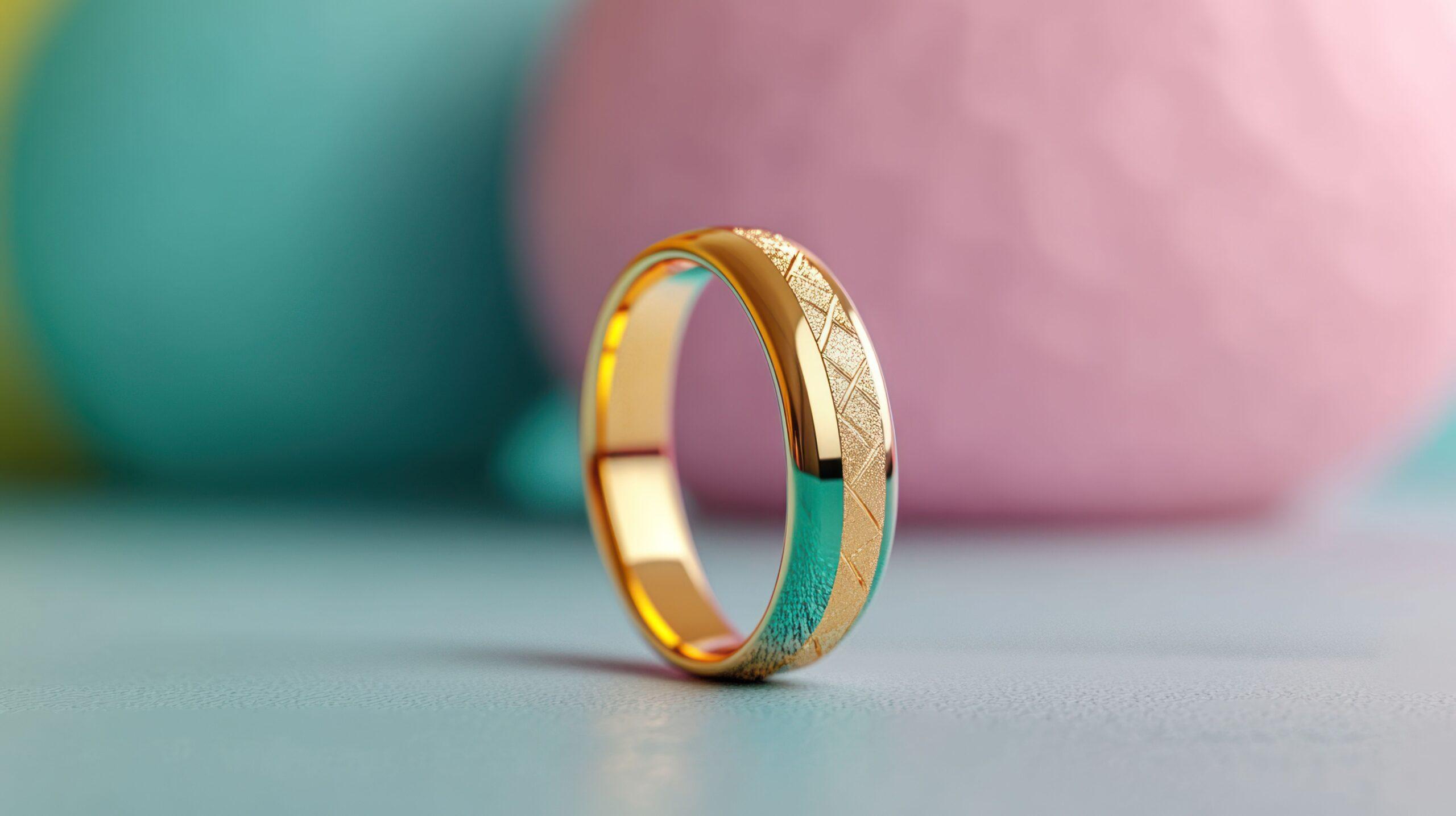 Trauring in Gold mit strukturierter Oberfläche vor pastellfarbenem Hintergrund